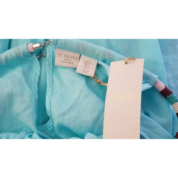 St. Tropez West Shift Dress~Beaded Halter~Aqua Blue Handkerchief Linen~S-M NWT - Picture 5 of 5
